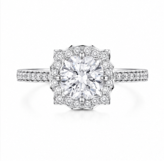 1.58‑Carat Round Diamond Vintage‑Halo Solitaire Ring, PT950 Platinum Band