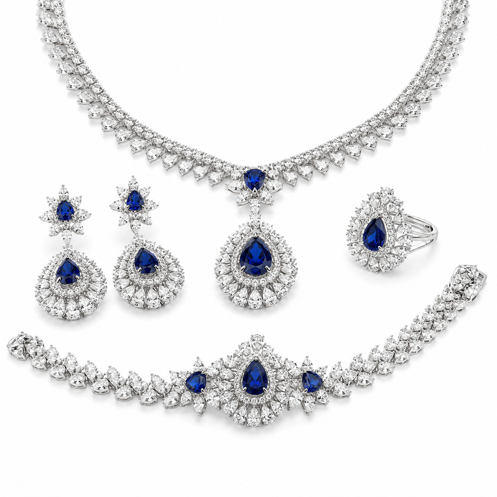 Pear Shape Sapphire Gemstone Jewelry Suite, 925 Sterling Silver