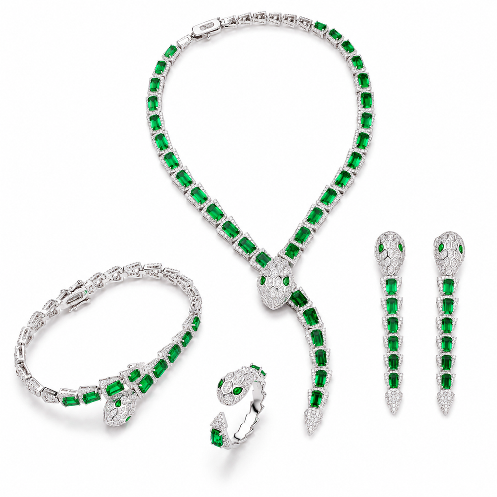 Snake Emerald Colored Gemstone Jewelry Suite, 925 Sterling Silver