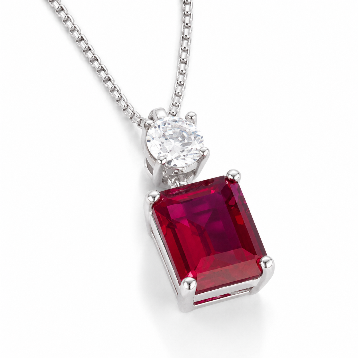 Red Lab-Grown Gemstone Pendant Necklace, Silver Chain