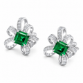 Square Emerald Ribbon Stud Earrings, 925 Sterling Silver Band