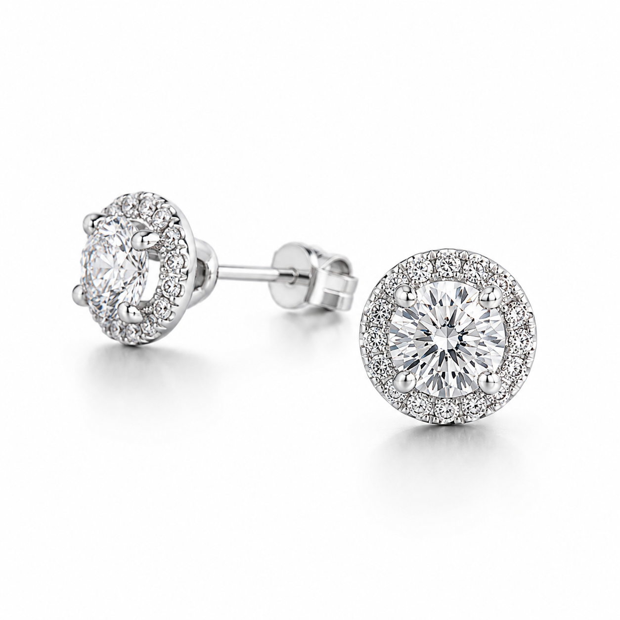 1‑Carat Round Halo‑Style Diamond Stud Earrings, PT950 Platinum