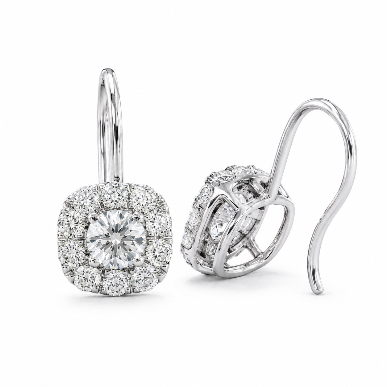 2‑Carat Double‑Halo Hook‑Style Diamond Earrings, PT950 Platinum
