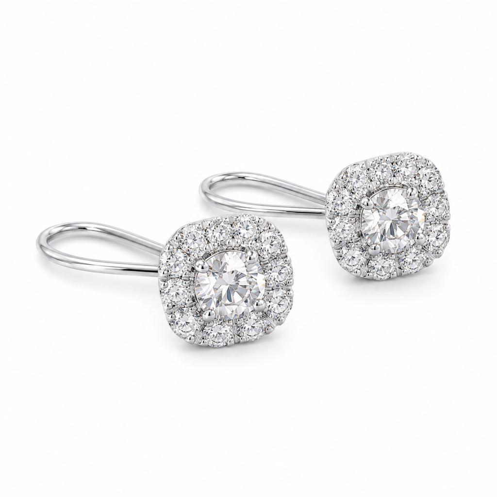 2‑Carat Double‑Halo Hook‑Style Diamond Earrings, PT950 Platinum