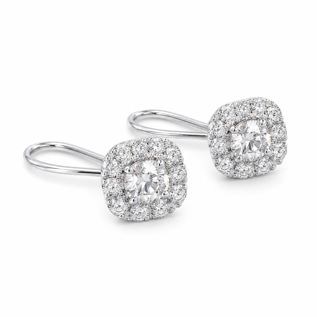 2‑Carat Double‑Halo Hook‑Style Diamond Earrings, PT950 Platinum