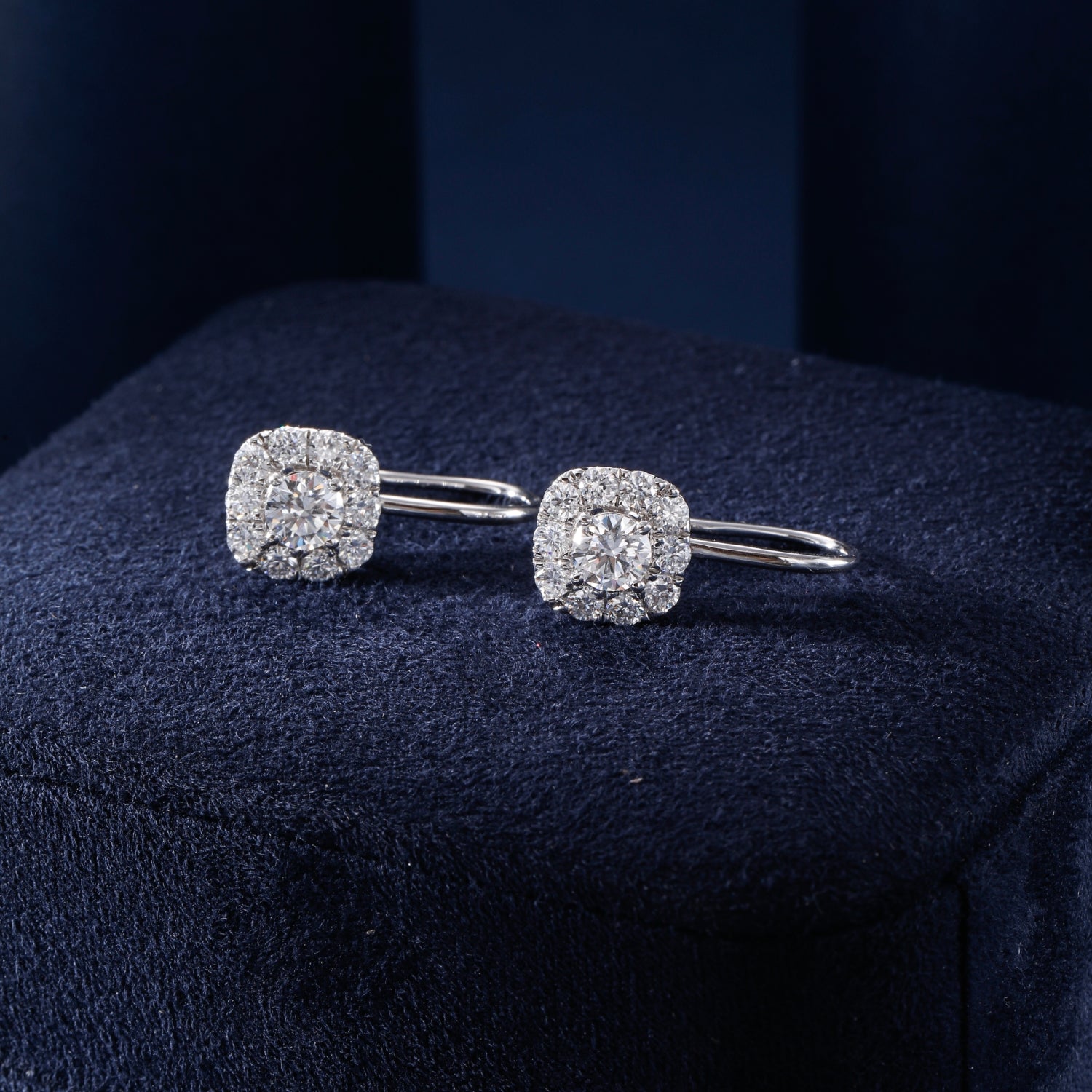 CF26-E002 | Cushion Halo Drop Earrings | Lever-Back Closure