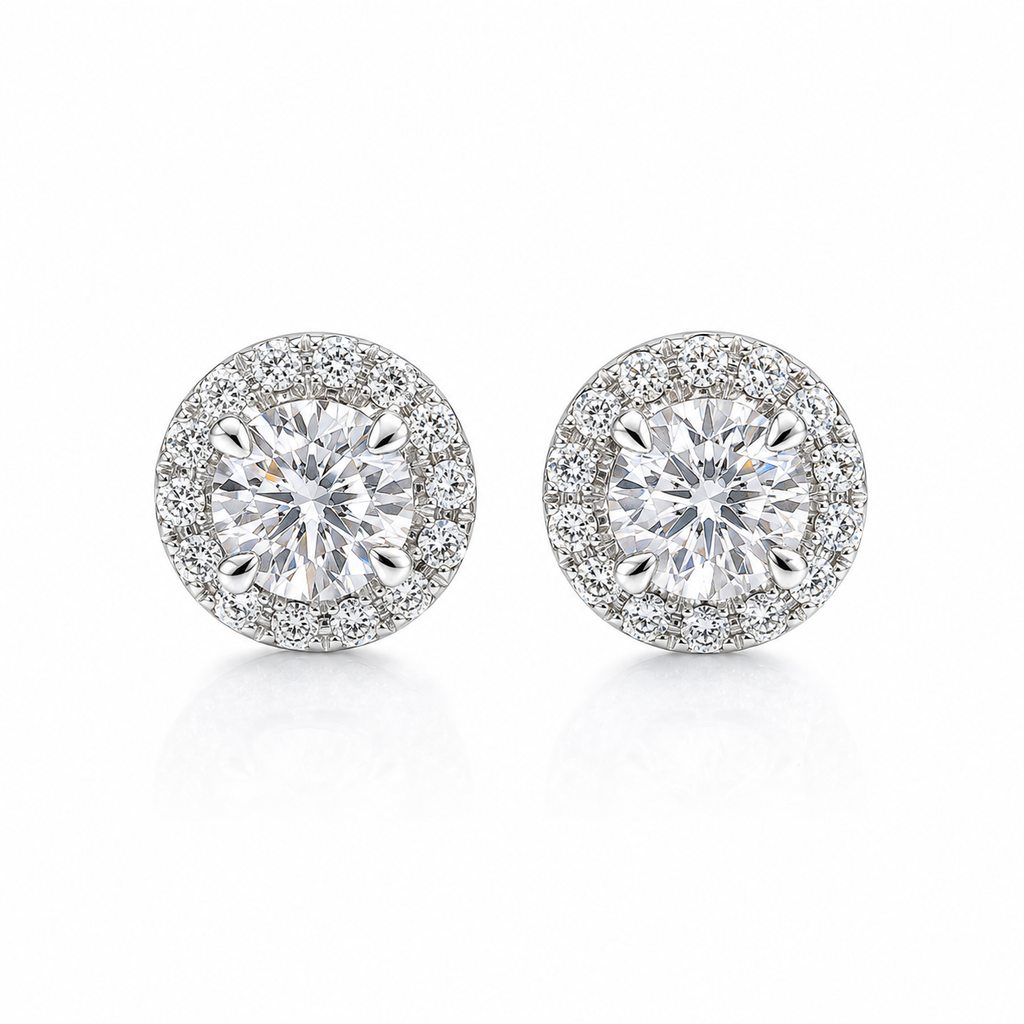1‑Carat Round Halo‑Style Diamond Stud Earrings, PT950 Platinum