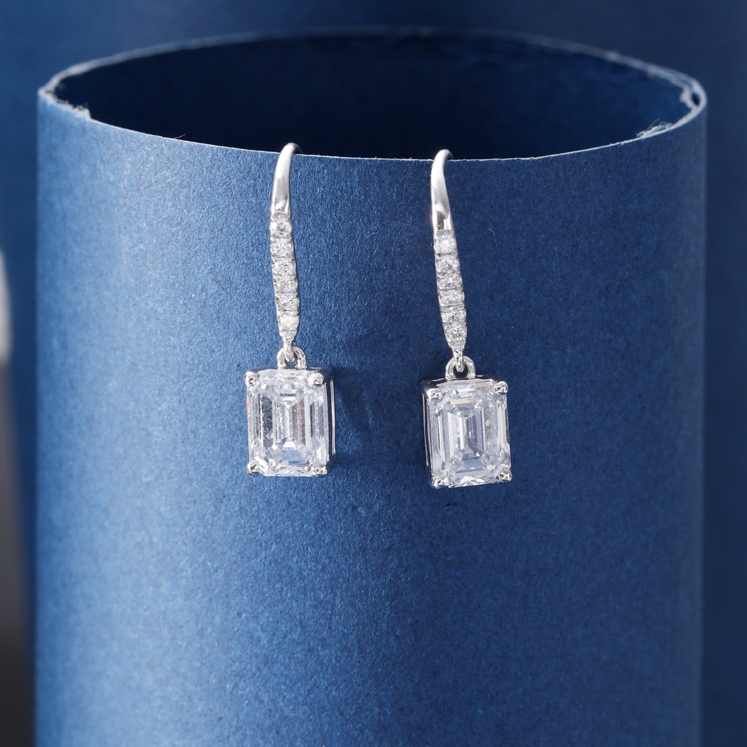 CF26-E003 | Square Step-Cut Drop Earrings | Pavé French Wire & 4-Prong