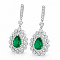 Pear-Shaped Emerald Halo Drop Earrings, 925 Sterling Silver Band