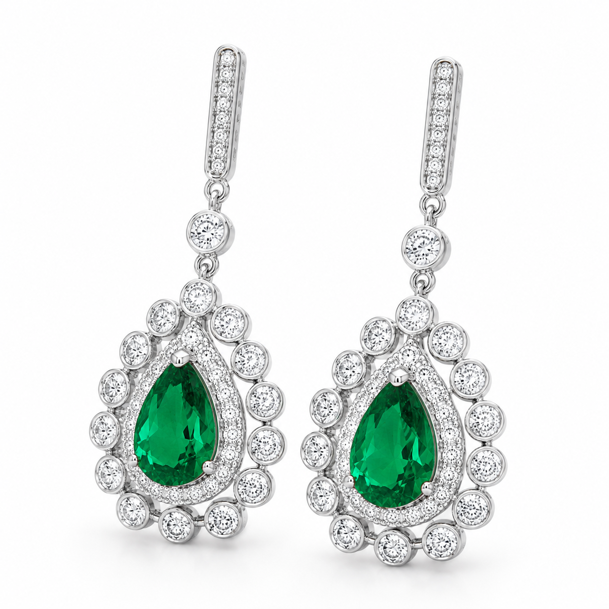 Pear-Shaped Emerald Halo Drop Earrings, 925 Sterling Silver Band