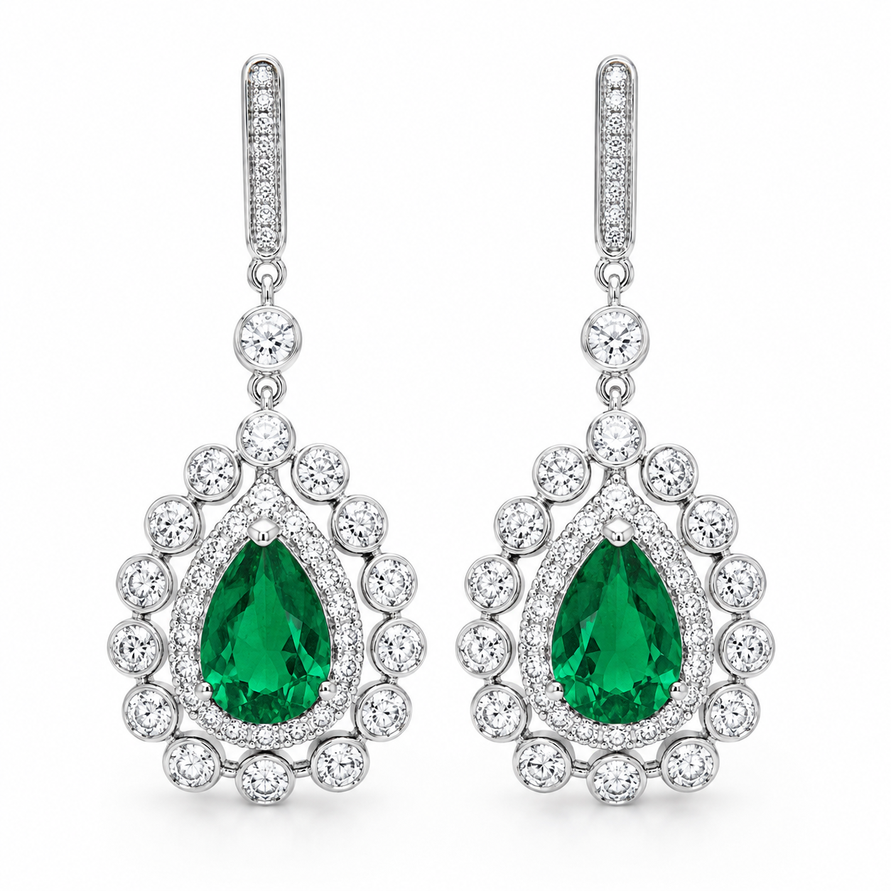 Pear-Shaped Emerald Halo Drop Earrings, 925 Sterling Silver Band