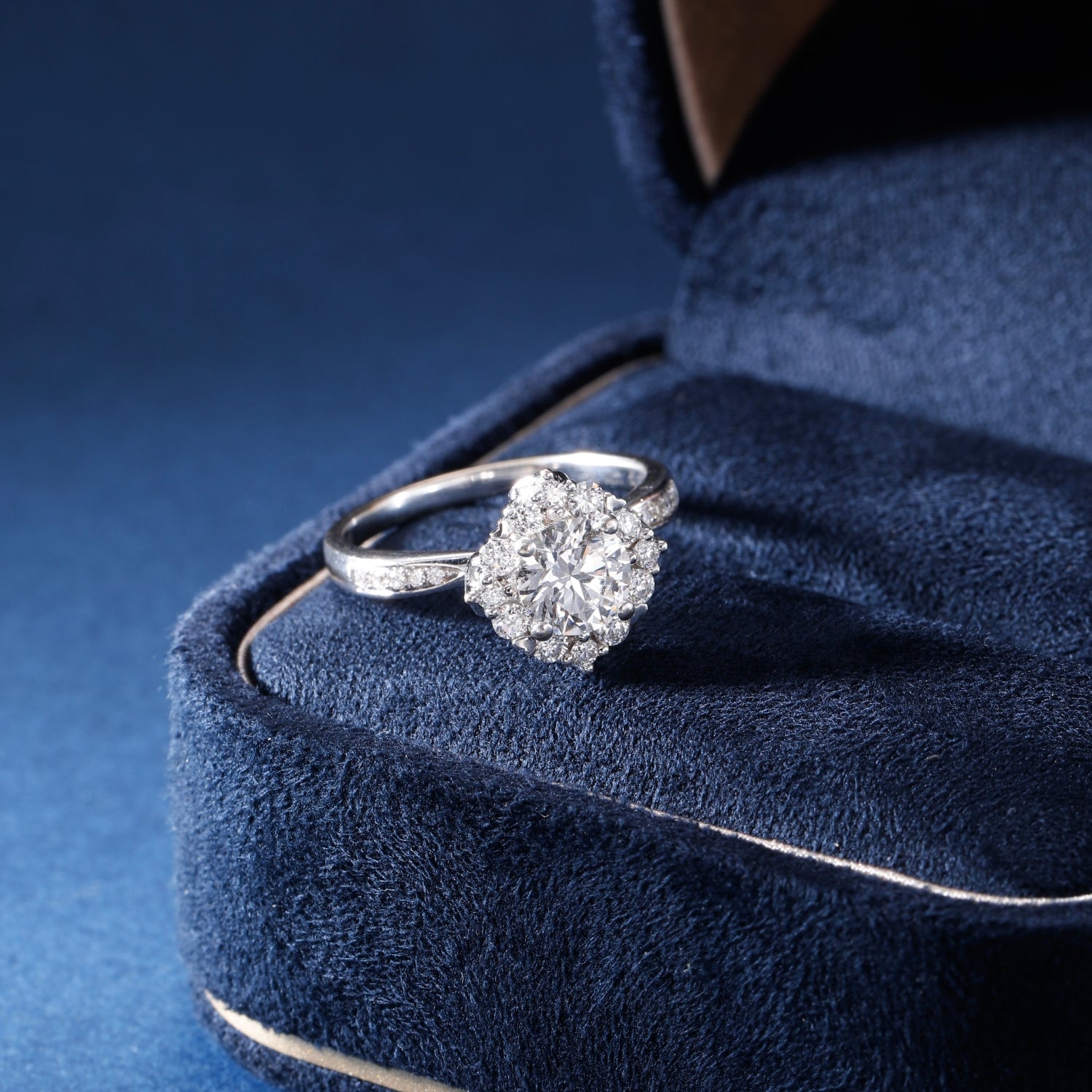CF26-R008 | Round Brilliant Halo Ring | Scalloped Pavé Band & Floral Frame