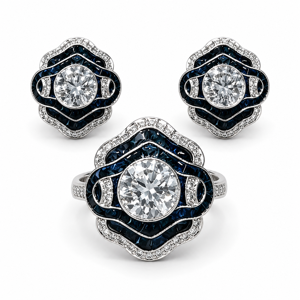 1-Carat Lab-Grown Diamond Jewelry Suite, PT950 Platinum With Dark Blue Sapphire Inlay