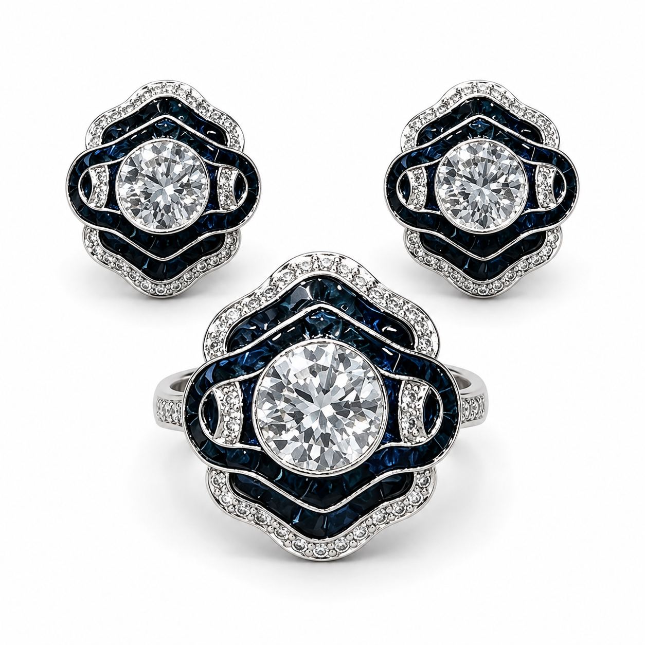 1-Carat Lab-Grown Diamond Jewelry Suite, PT950 Platinum With Dark Blue Sapphire Inlay