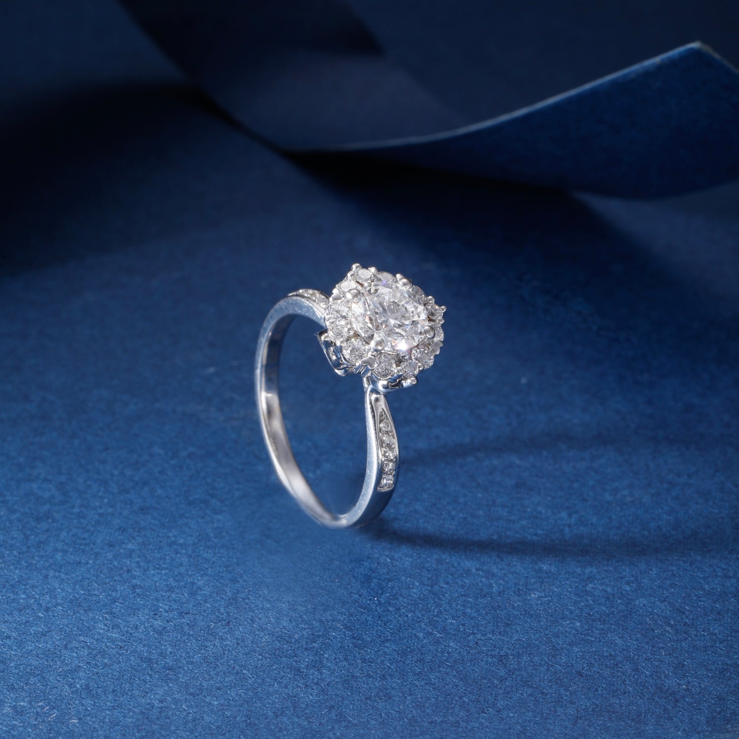 CF26-R008 | Round Brilliant Halo Ring | Scalloped Pavé Band & Floral Frame