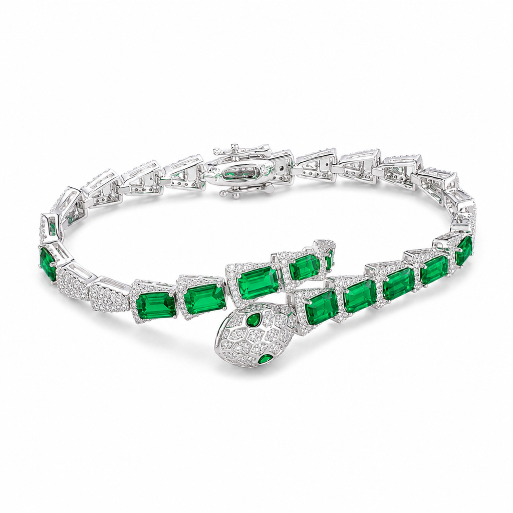 Snake Emerald Colored Gemstone Jewelry Suite, 925 Sterling Silver