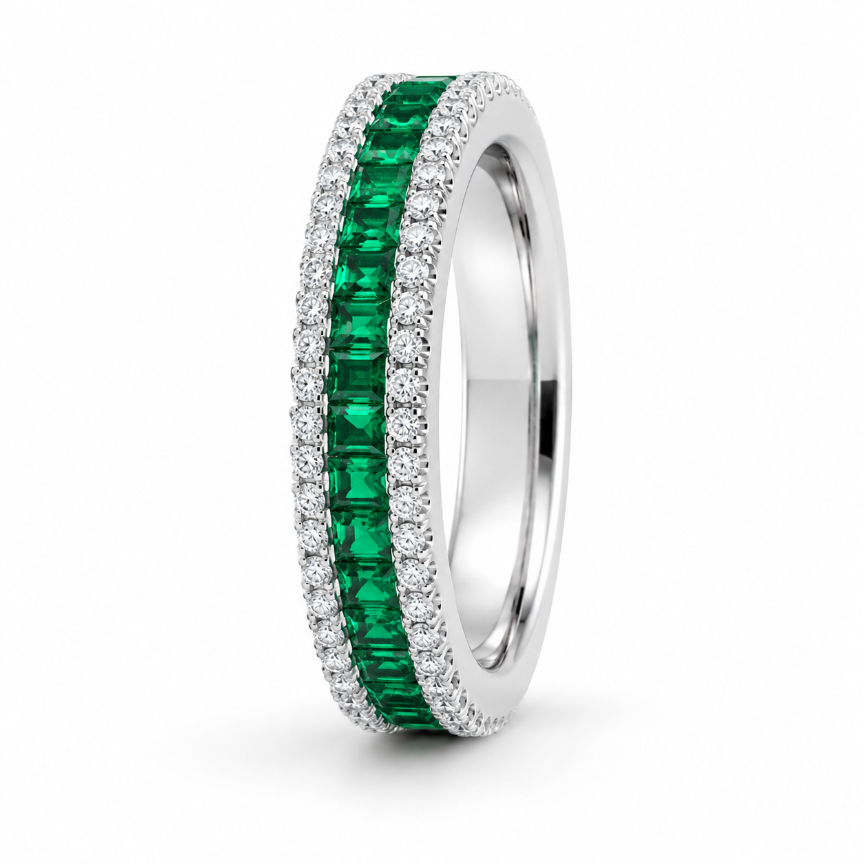 Emerald & Diamond Halo Ring, 925 Sterling Silver Band