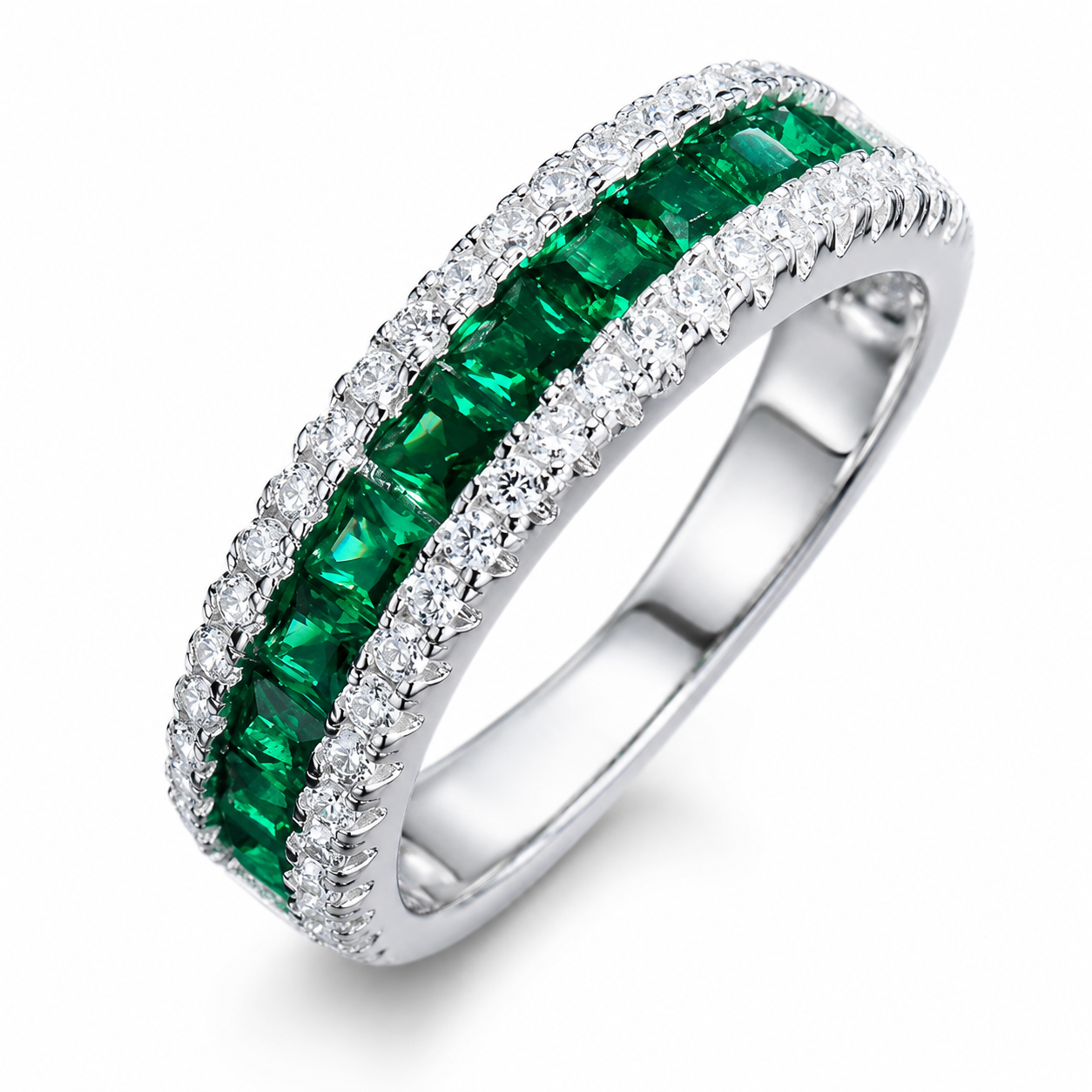 Emerald & Diamond Halo Ring, 925 Sterling Silver Band