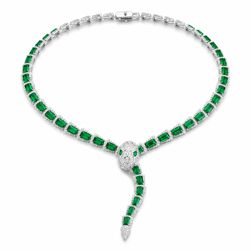 Snake Emerald Colored Gemstone Jewelry Suite, 925 Sterling Silver