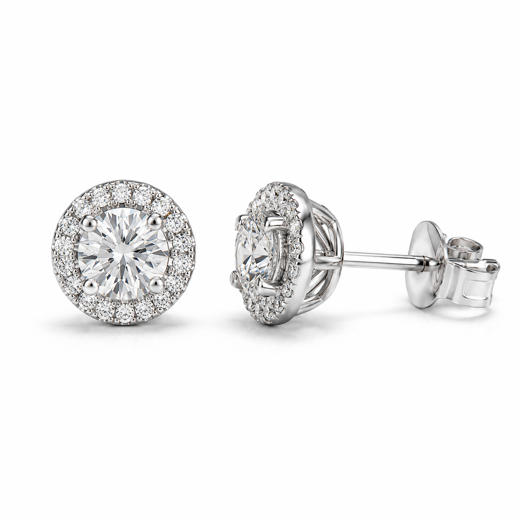 1‑Carat Round Halo‑Style Diamond Stud Earrings, PT950 Platinum