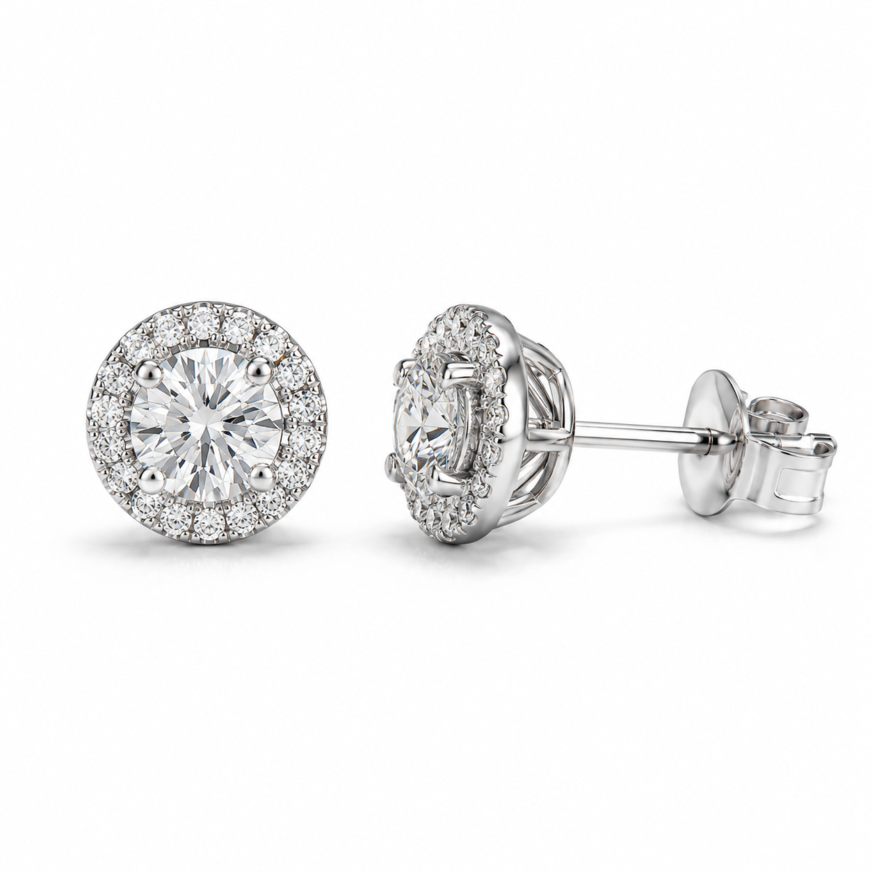 1‑Carat Round Halo‑Style Diamond Stud Earrings, PT950 Platinum