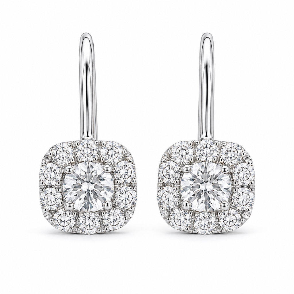 2‑Carat Double‑Halo Hook‑Style Diamond Earrings, PT950 Platinum