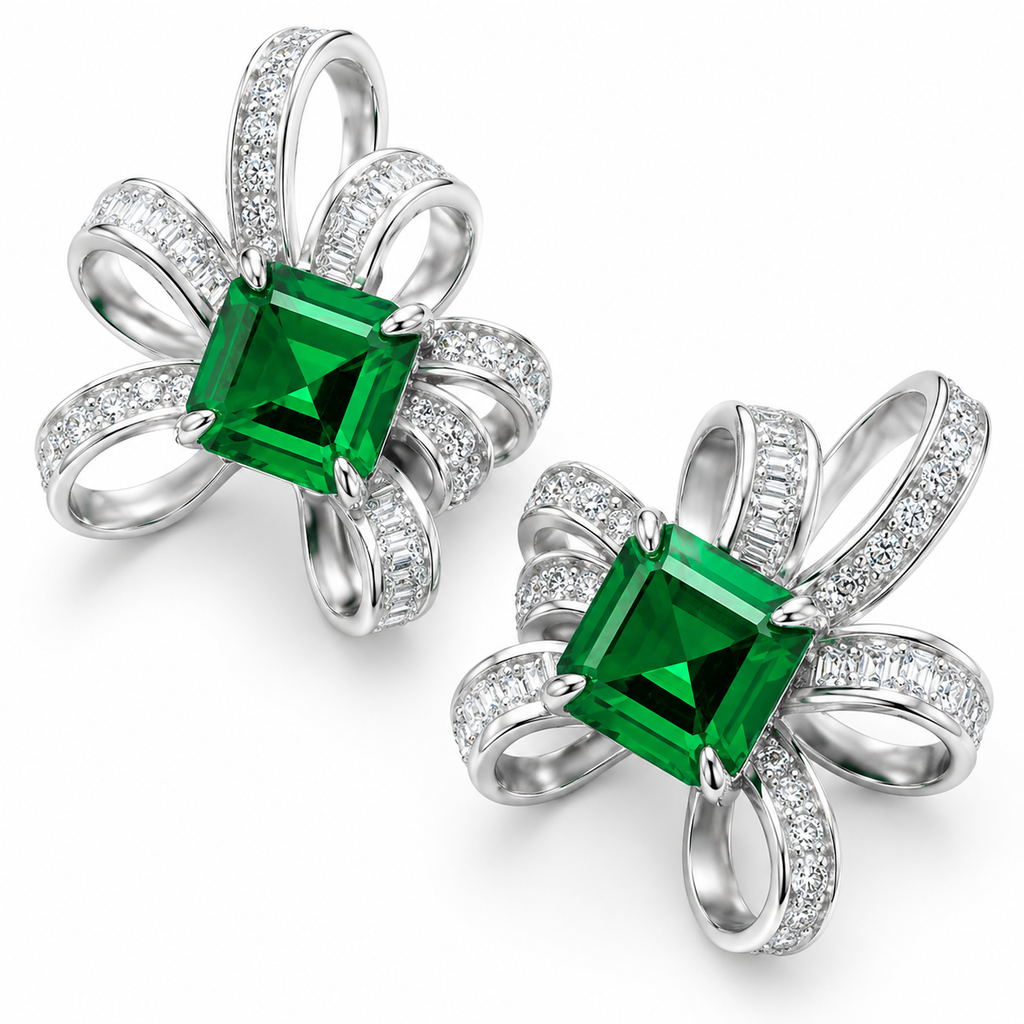 Square Emerald Ribbon Stud Earrings, 925 Sterling Silver Band