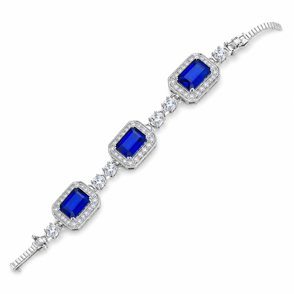 Emerald Cut Sapphire Halo Link Bracelet, 925 Sterling Silver