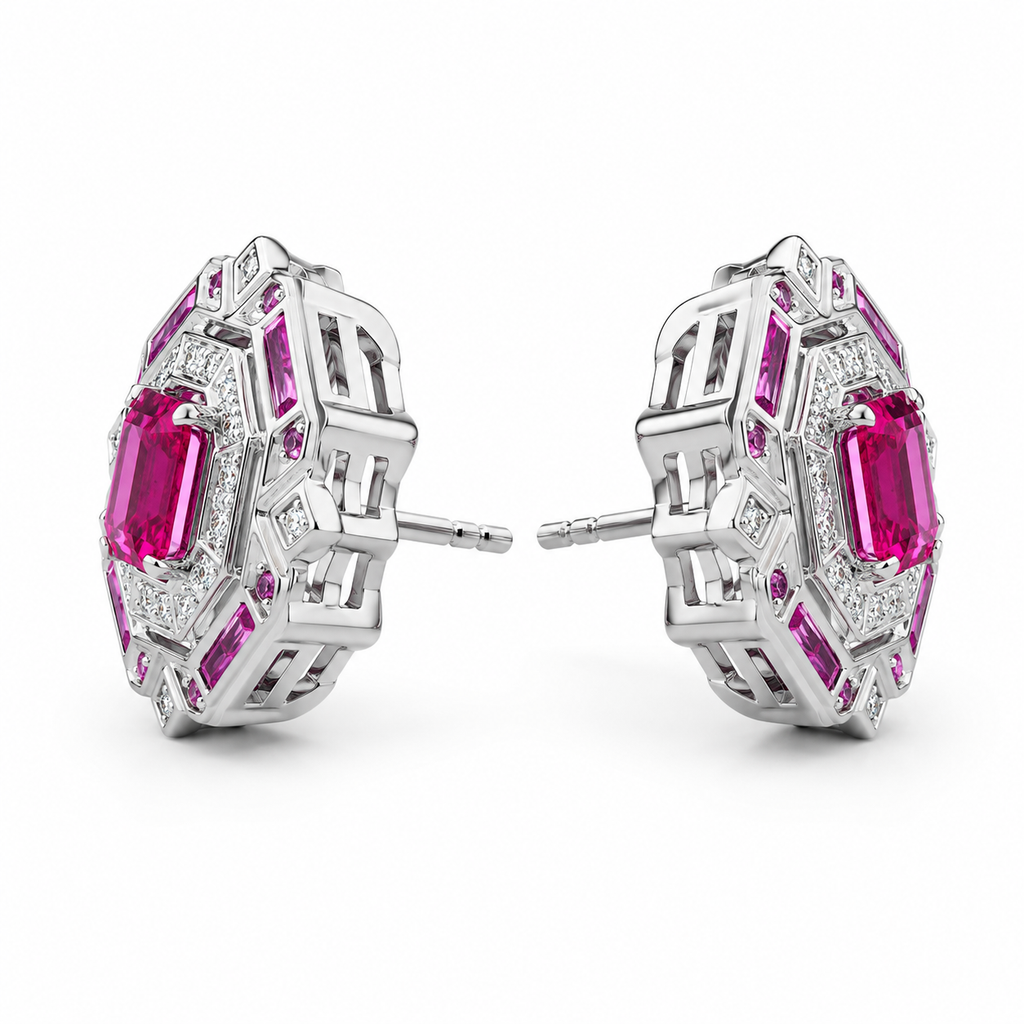 Square Lab-Grown Ruby Stud Earrings, 925 Sterling Silver Band