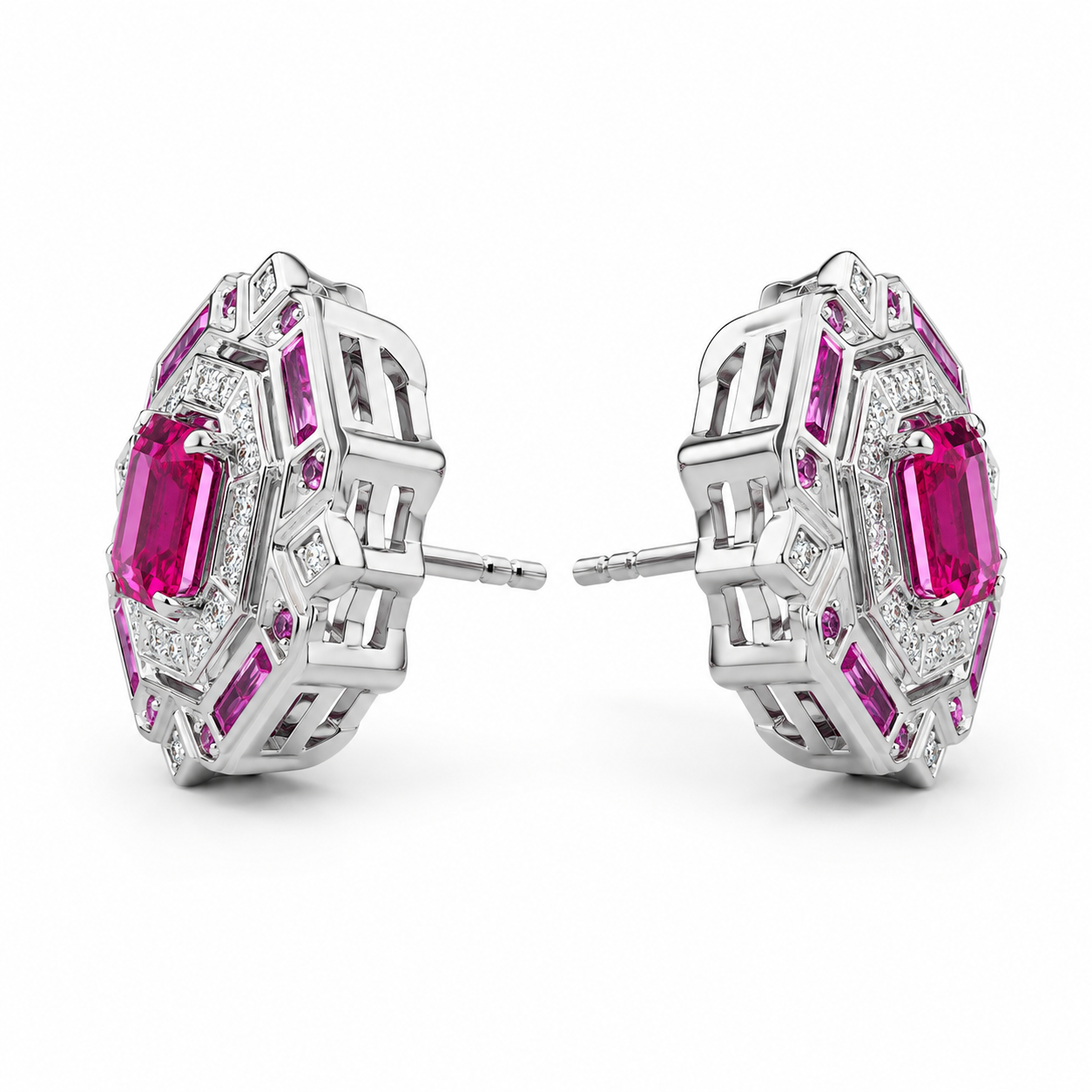 Square Lab-Grown Ruby Stud Earrings, 925 Sterling Silver Band