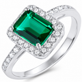 Emerald & Diamond Halo Ring, 925 Sterling Silver Band