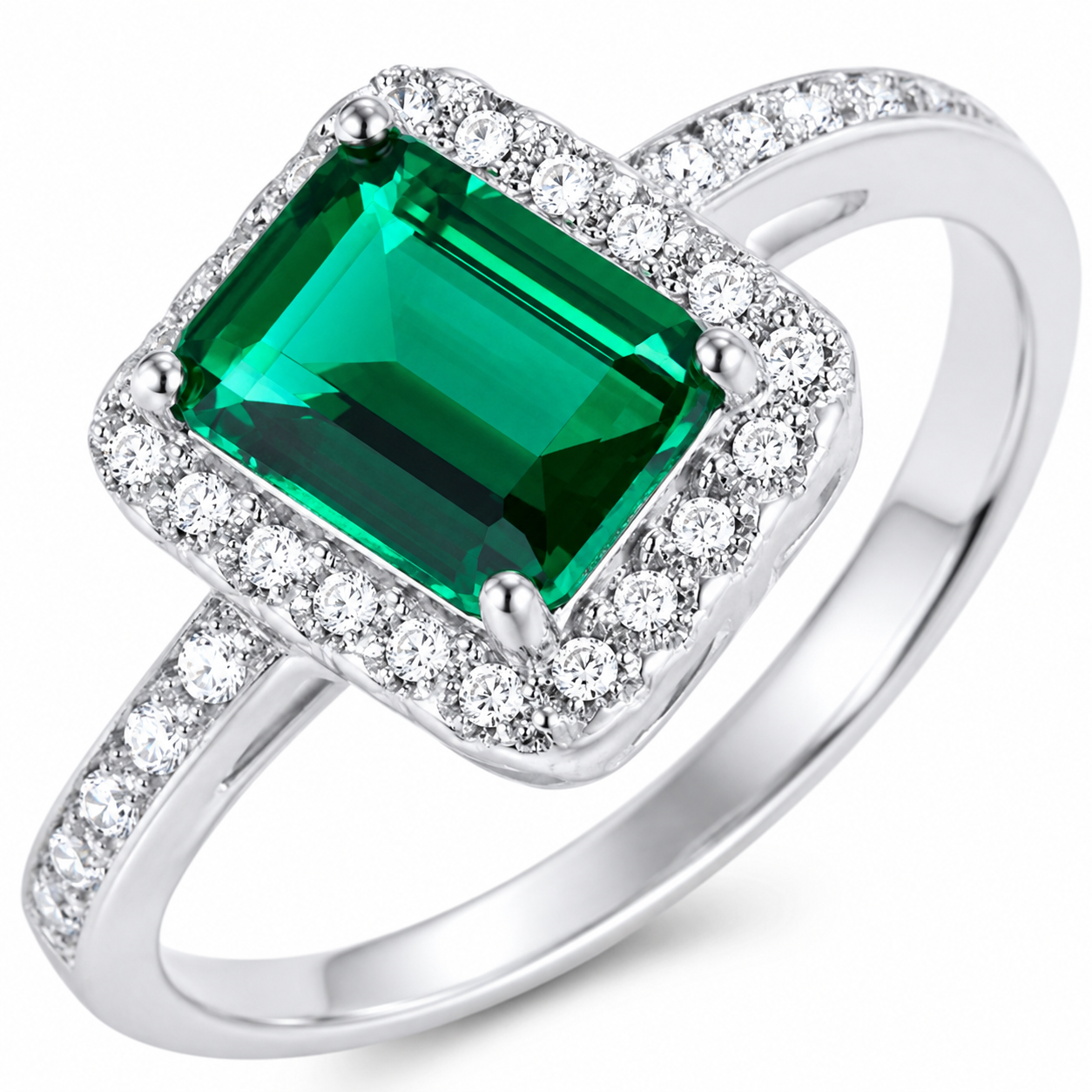 Emerald & Diamond Halo Ring, 925 Sterling Silver Band
