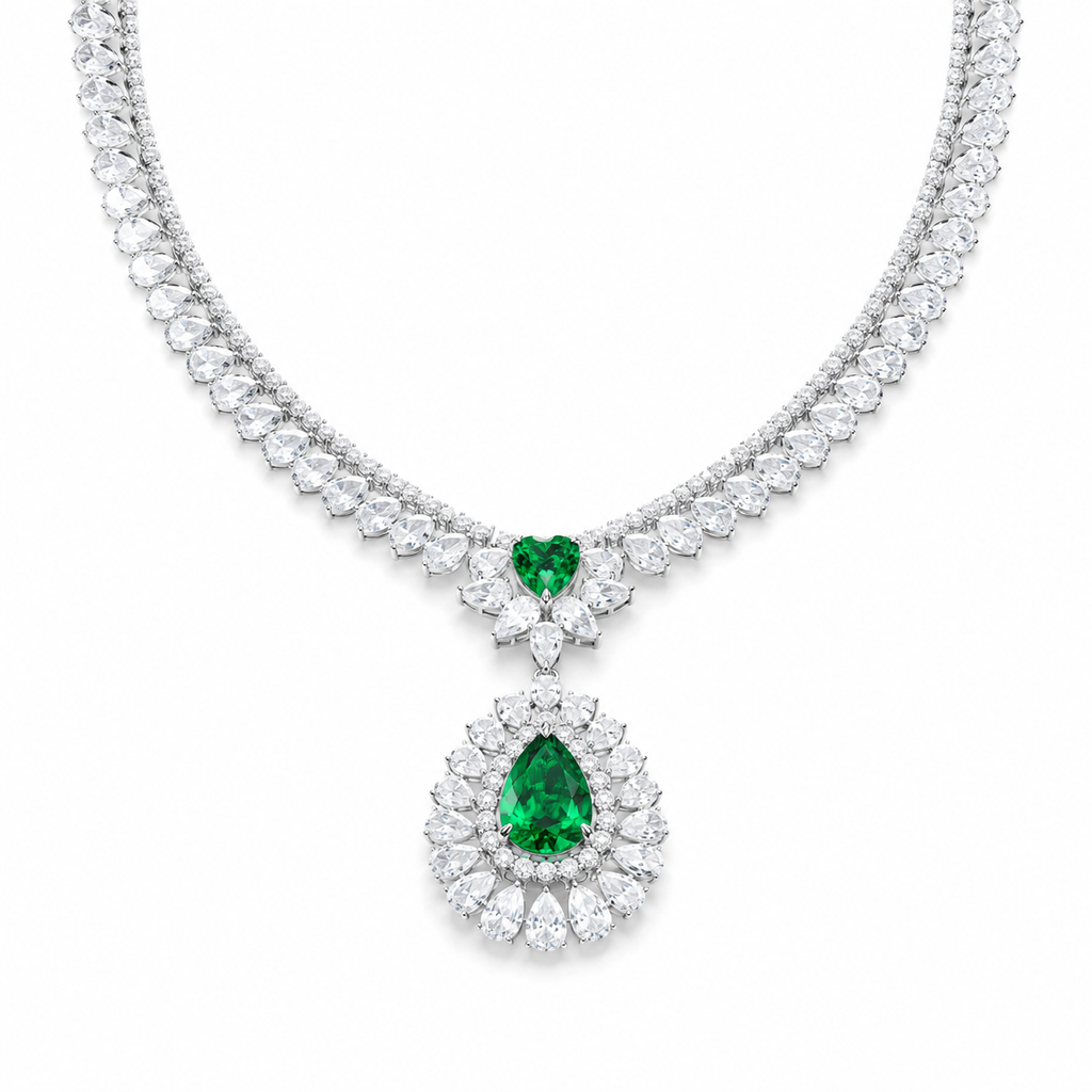 Pear Shape Emerald Gemstone Jewelry Suite, 925 Sterling Silver
