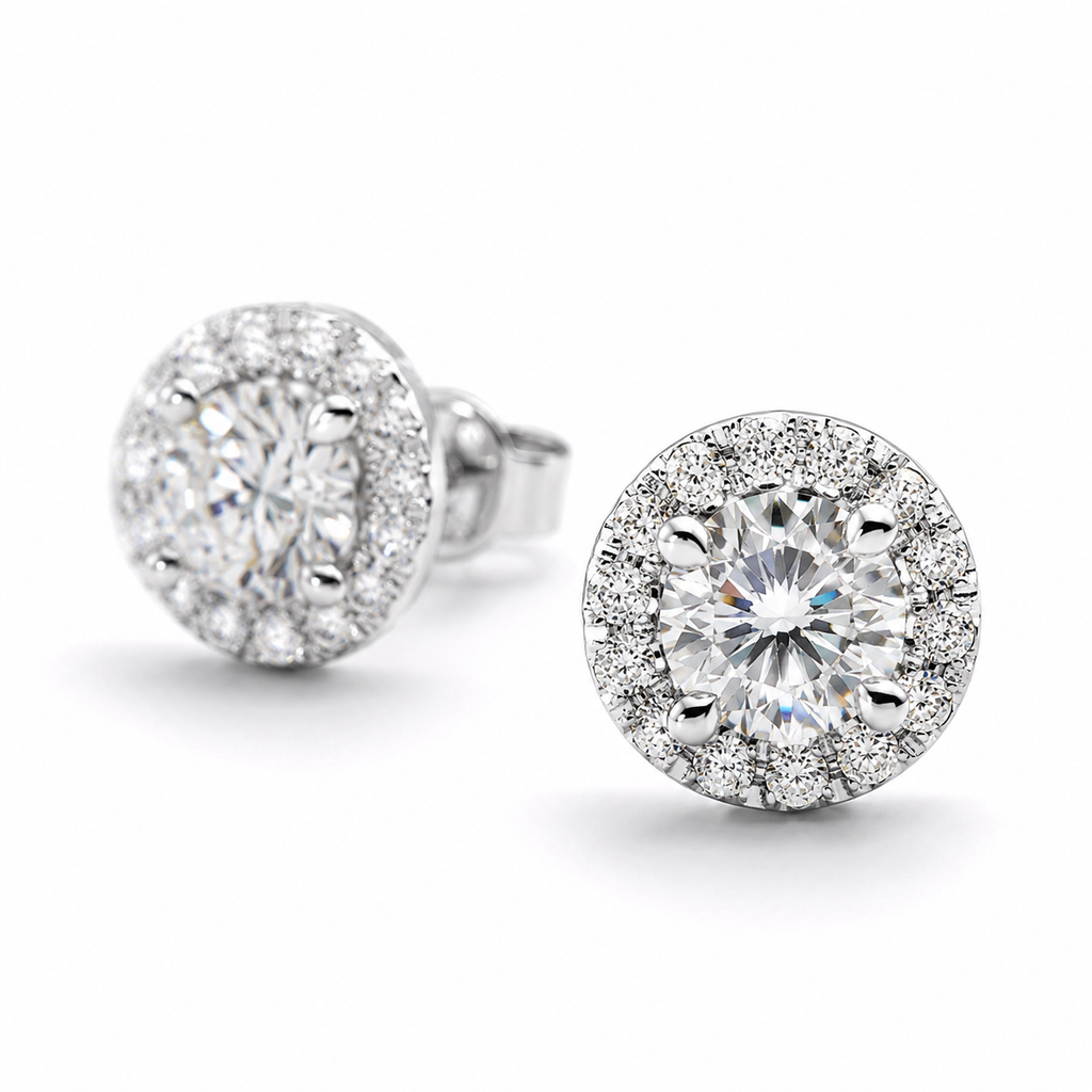 1‑Carat Round Halo‑Style Diamond Stud Earrings, PT950 Platinum