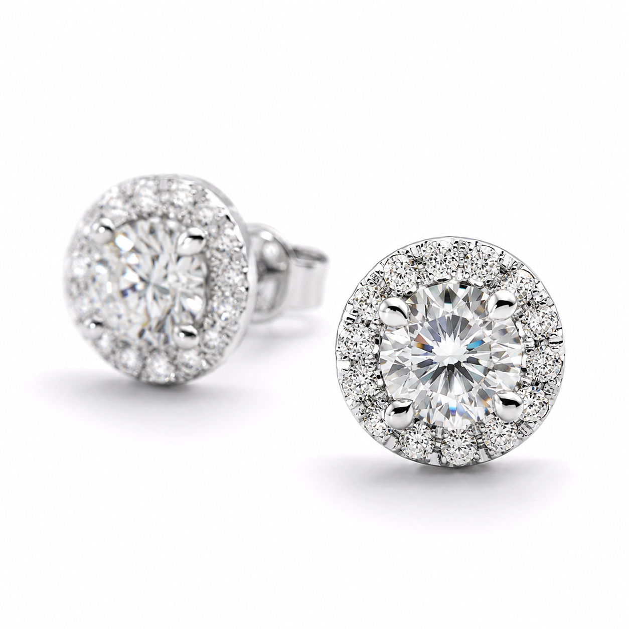 1‑Carat Round Halo‑Style Diamond Stud Earrings, PT950 Platinum