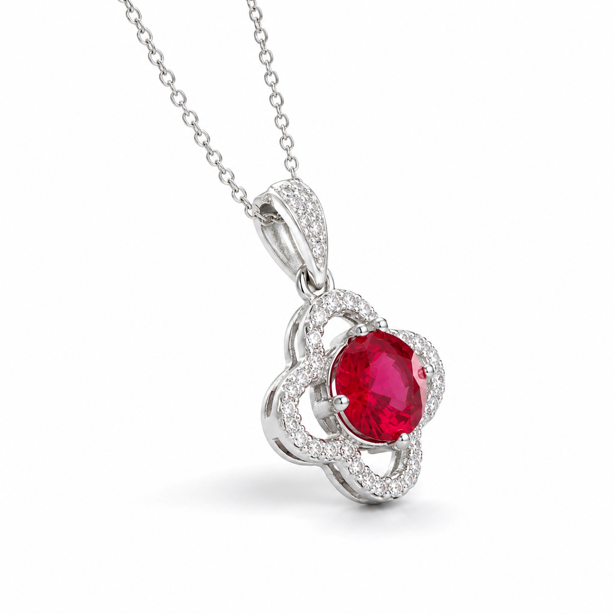 Red Lab-Grown Gemstone Pendant Necklace, Silver Chain