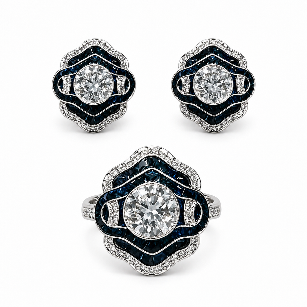 1-Carat Lab-Grown Diamond Jewelry Suite, PT950 Platinum With Dark Blue Sapphire Inlay