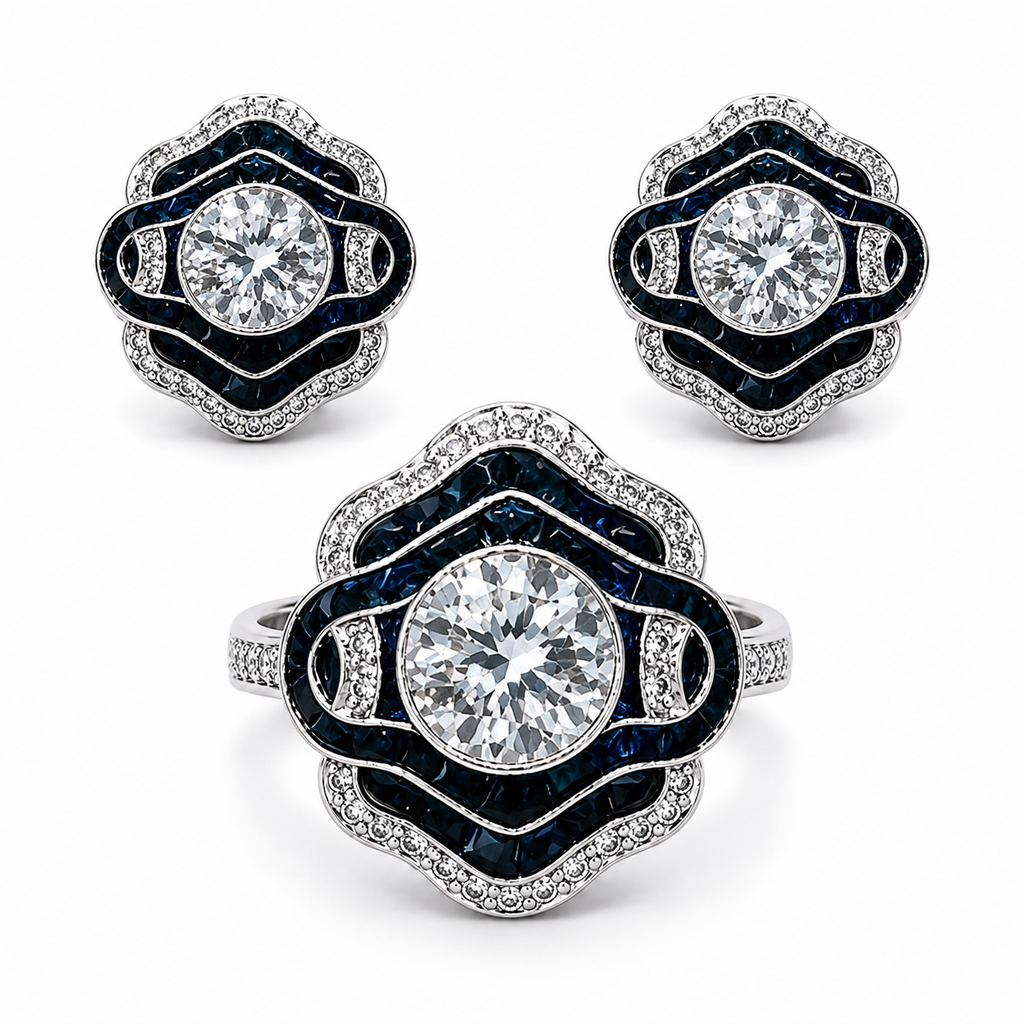 1-Carat Lab-Grown Diamond Jewelry Suite, PT950 Platinum With Dark Blue Sapphire Inlay