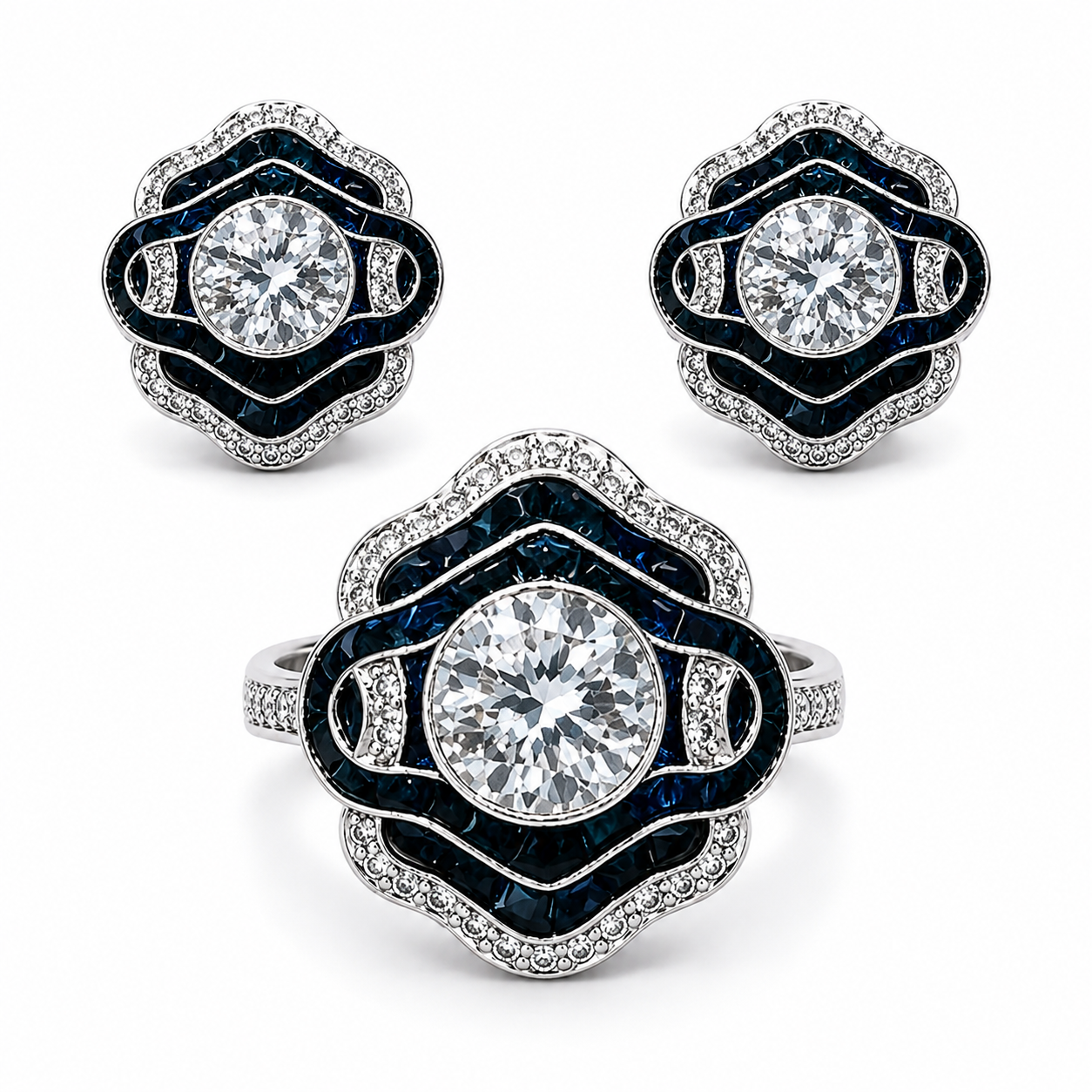 1-Carat Lab-Grown Diamond Jewelry Suite, PT950 Platinum With Dark Blue Sapphire Inlay