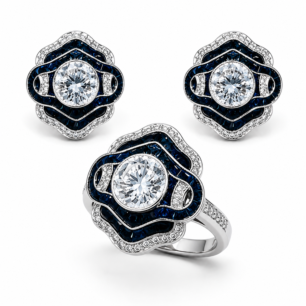1-Carat Lab-Grown Diamond Jewelry Suite, PT950 Platinum With Dark Blue Sapphire Inlay