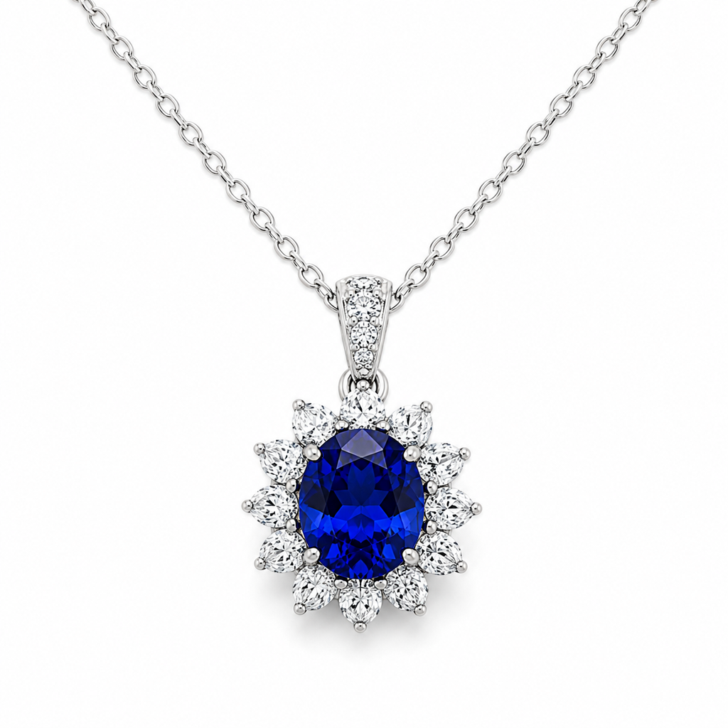 Blue Lab-Grown Gemstone Pendant Necklace, Silver Chain