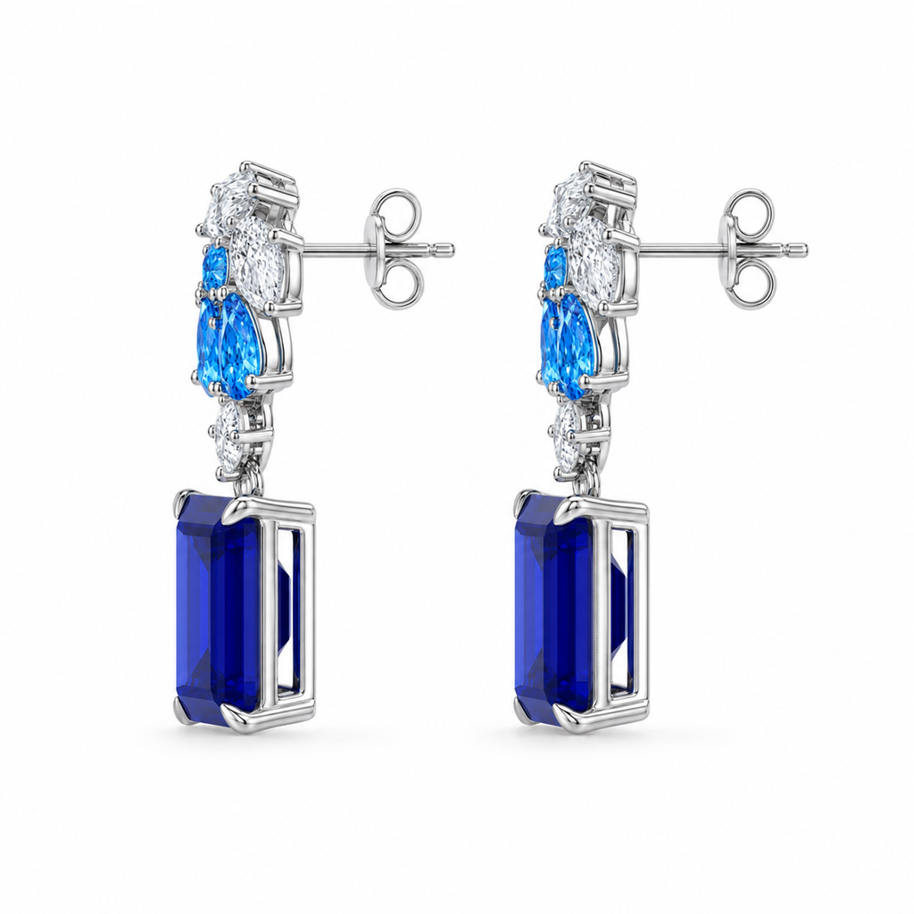 Emerald-Cut Sapphire Drop Earrings, 925 Sterling Silver Band