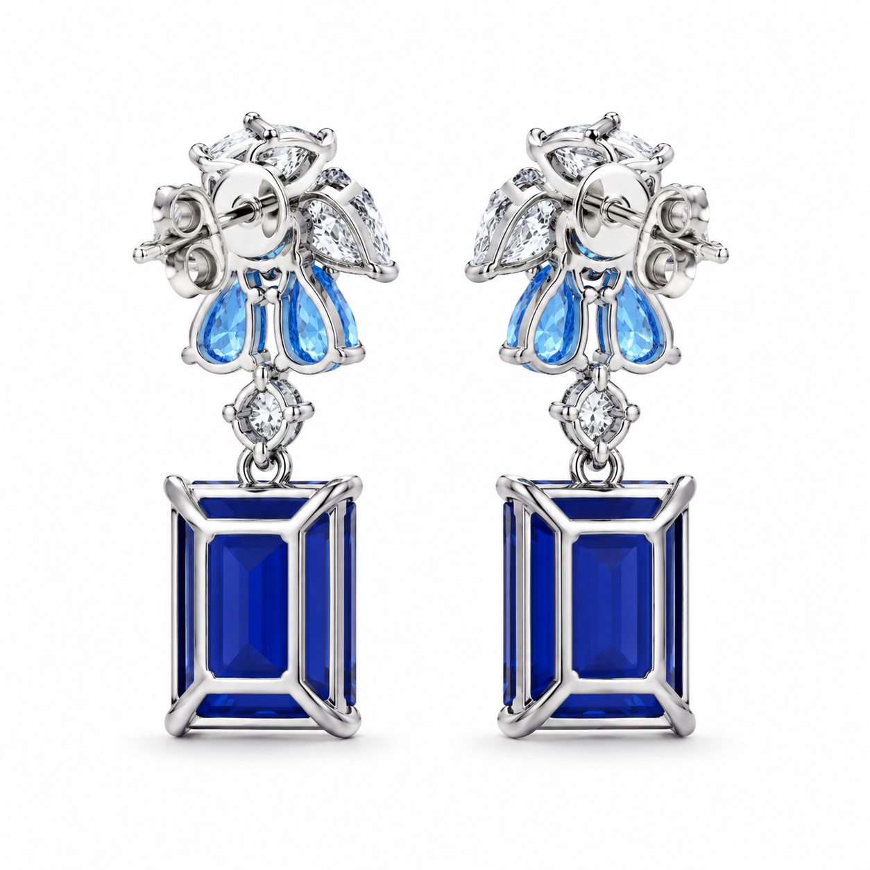 Emerald-Cut Sapphire Drop Earrings, 925 Sterling Silver Band