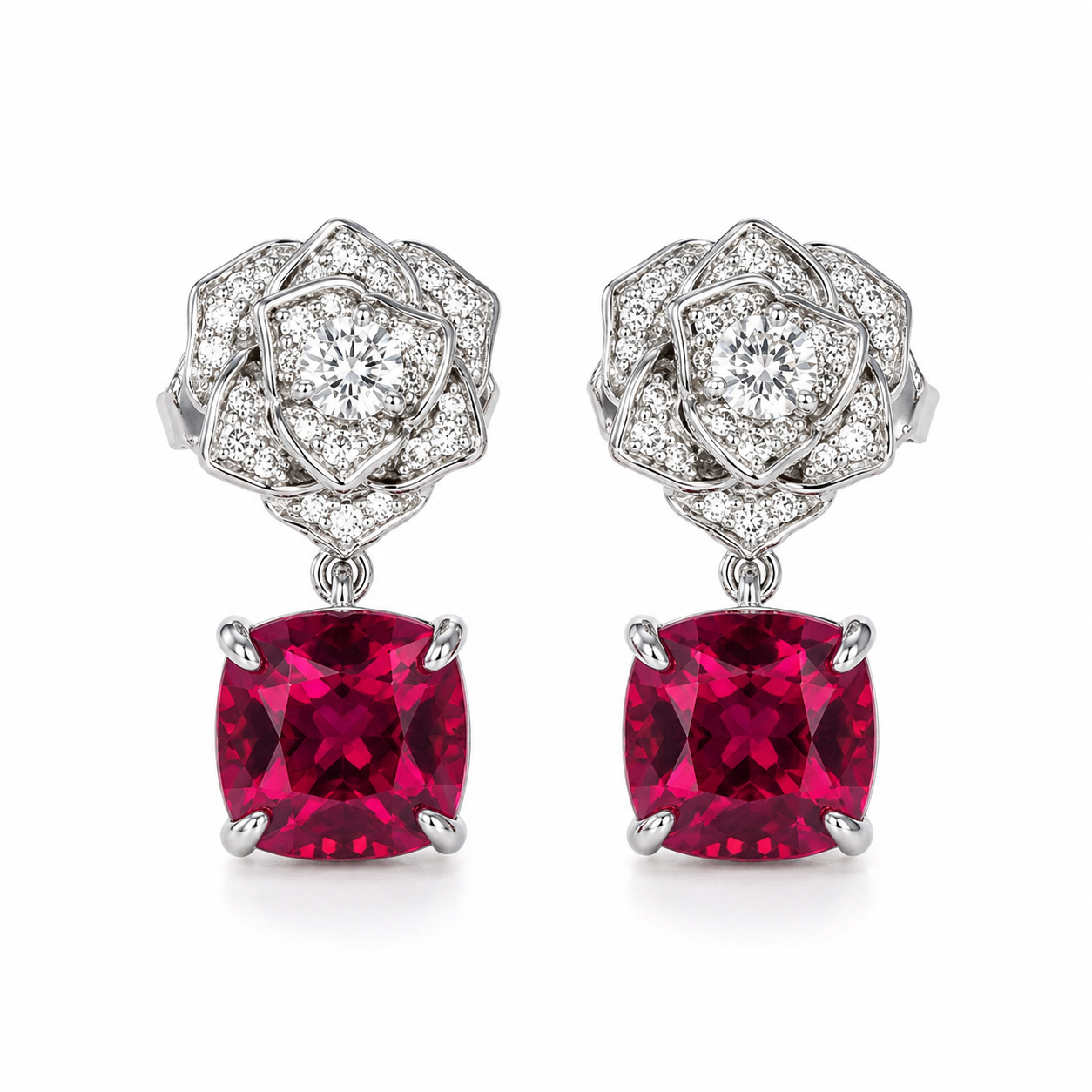 Cushion Ruby Drop Stud Earrings, 925 Sterling Silver Band