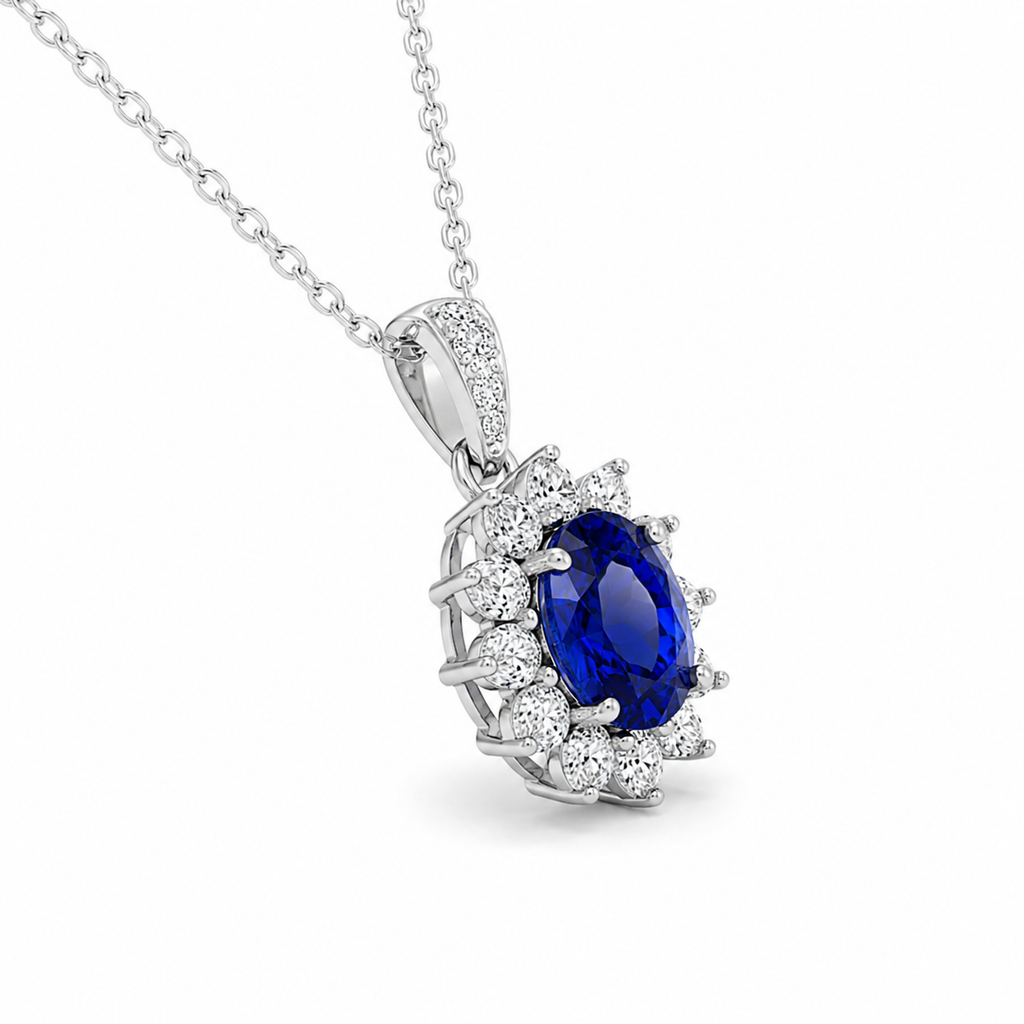 Blue Lab-Grown Gemstone Pendant Necklace, Silver Chain