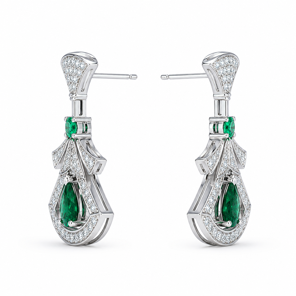 Pear Emerald Drop Earrings, 925 Sterling Silver Band