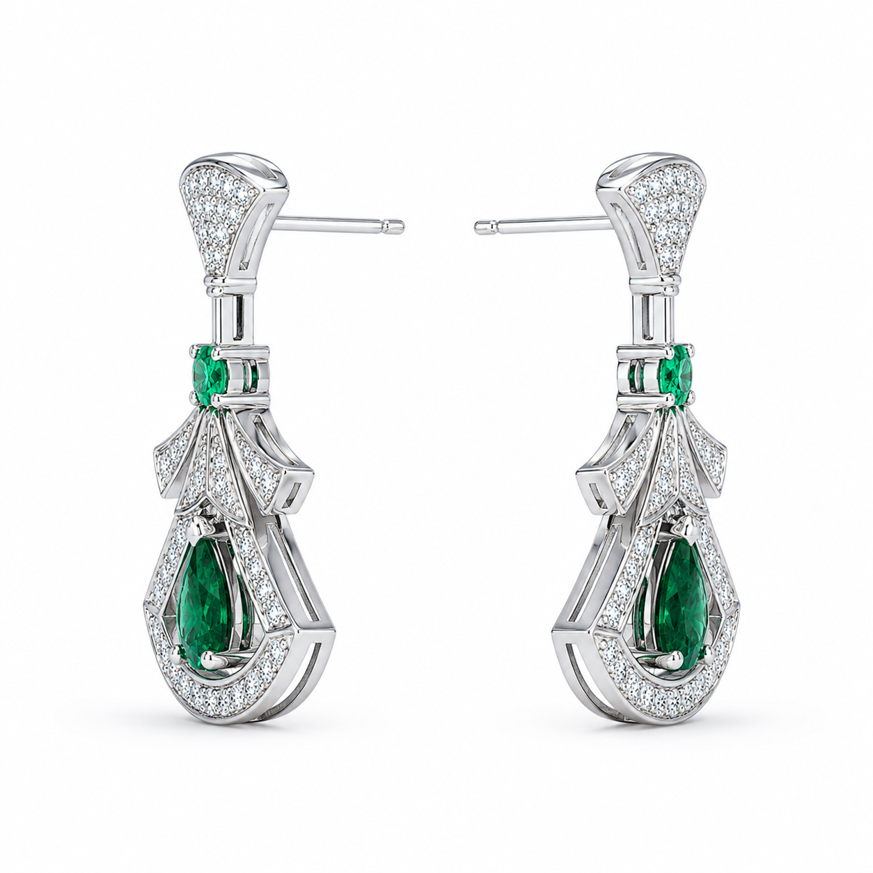 Pear Emerald Drop Earrings, 925 Sterling Silver Band
