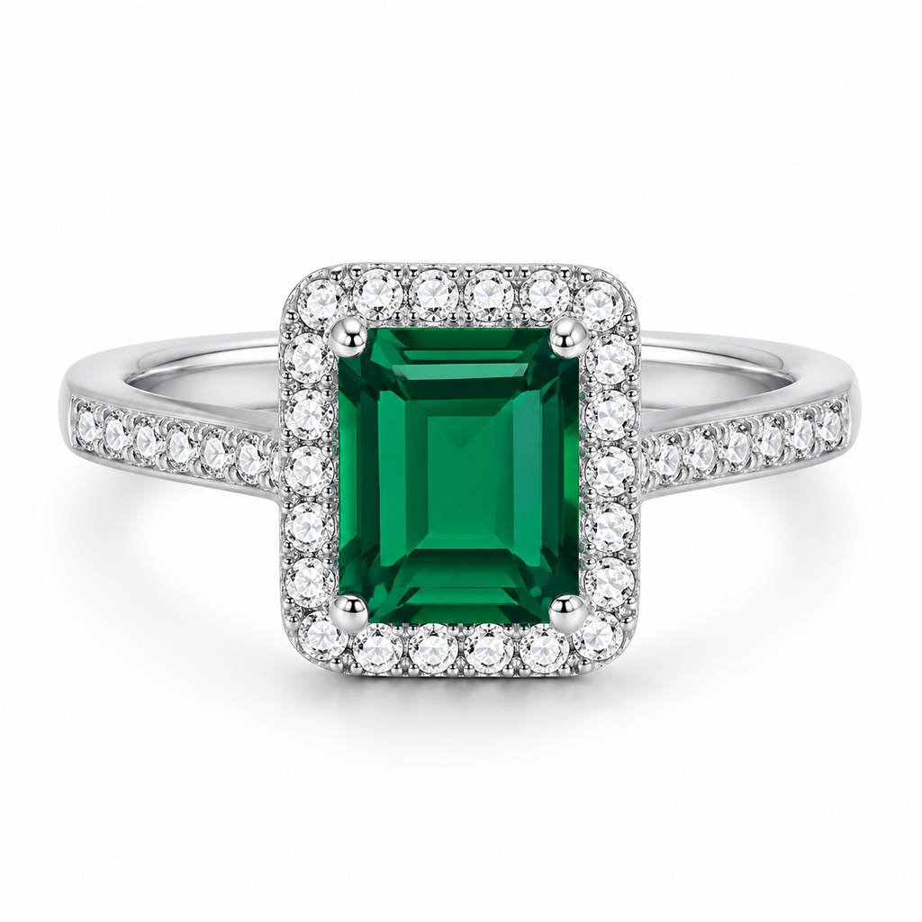 Emerald & Diamond Halo Ring, 925 Sterling Silver Band