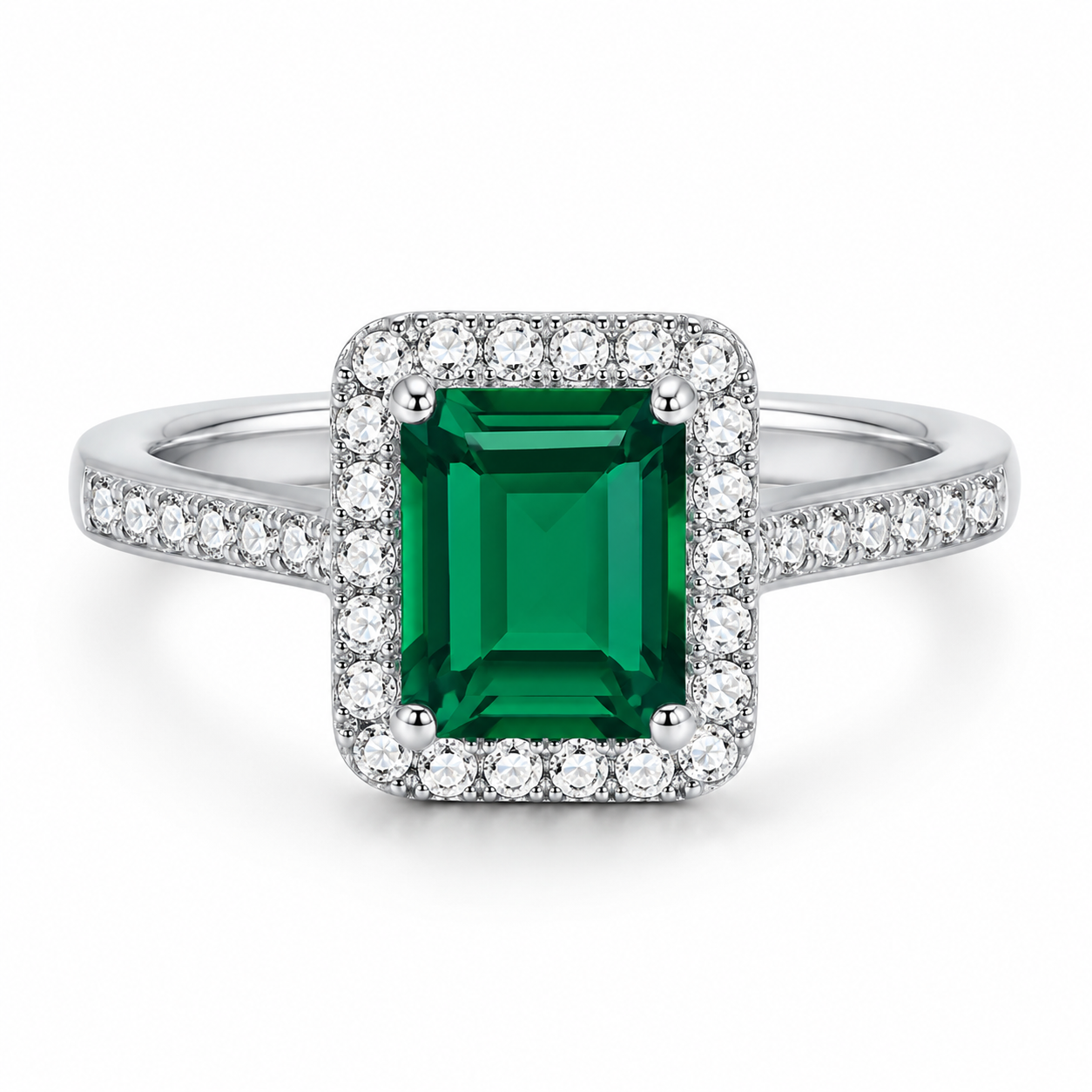 Emerald & Diamond Halo Ring, 925 Sterling Silver Band