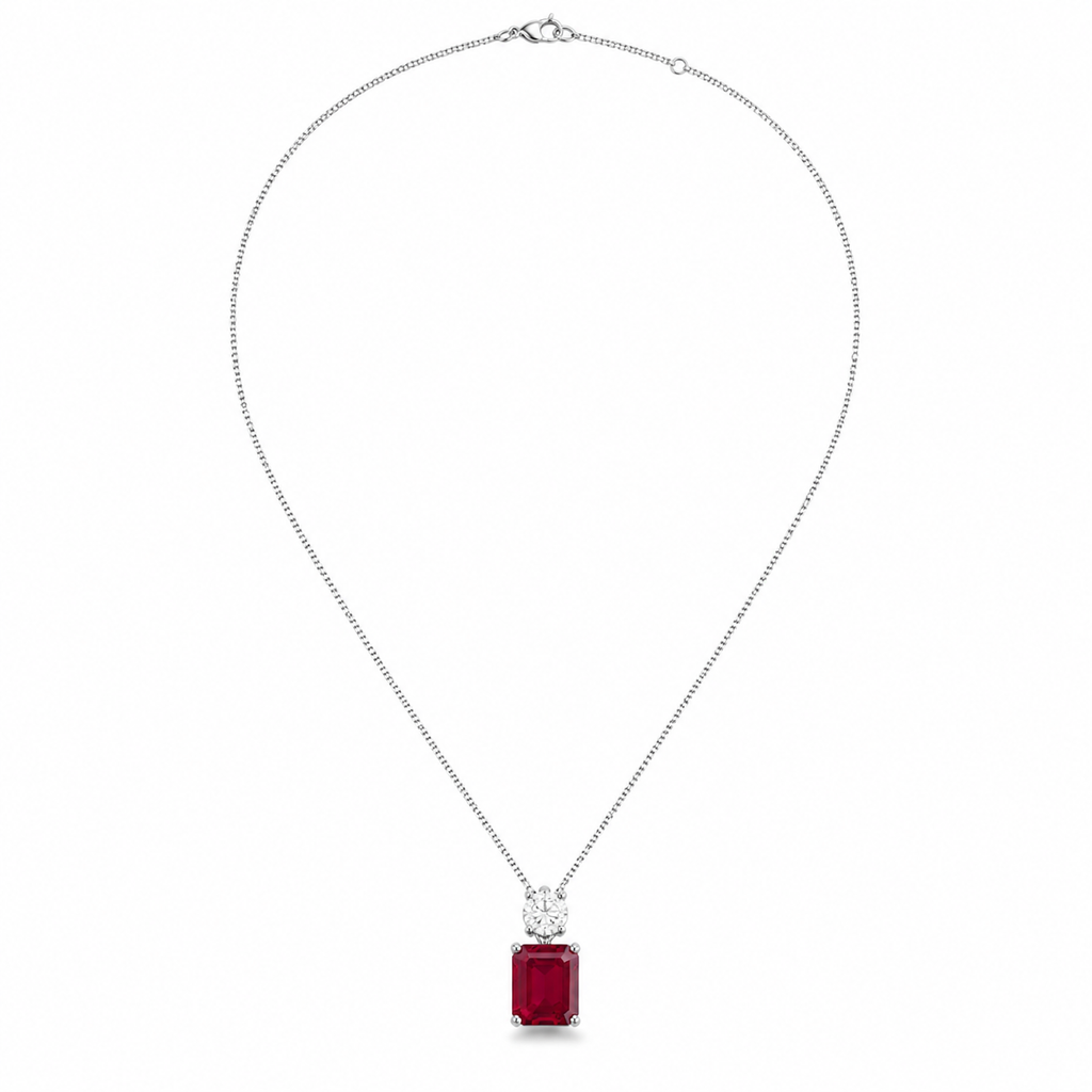 Red Lab-Grown Gemstone Pendant Necklace, Silver Chain